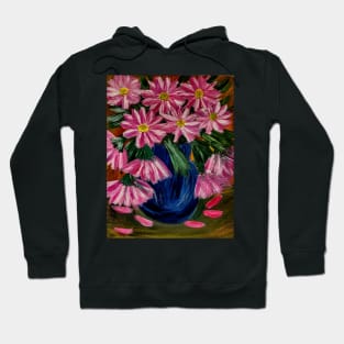 bright and colorful abstract flowers in a deep blue vase. Hoodie